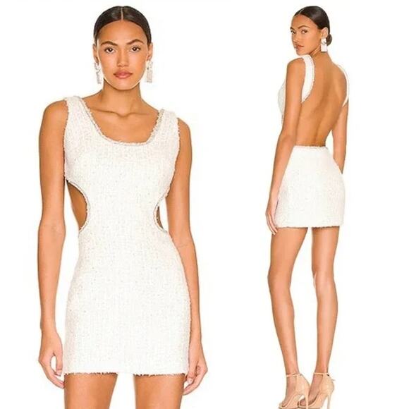 NBD Kenzie Tweed Mini Dress Jewel Sequin Tie Open Back Metallic Bridal White - Picture 1 of 16